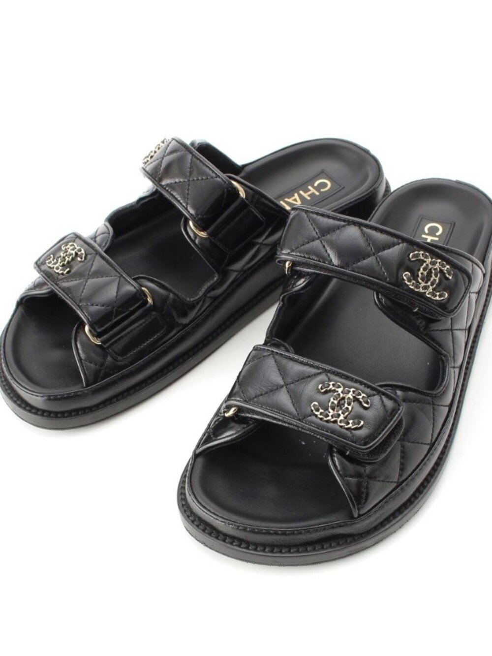 Chanel CC Logo Quilted Velcro Sandals Black 36c - Picture 1 of 10